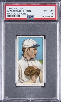 1909-11 T206 White Border Walter Johnson, Hands At Chest, "Old Mill" Back  – PSA NM-MT 8 "1 of 2!"